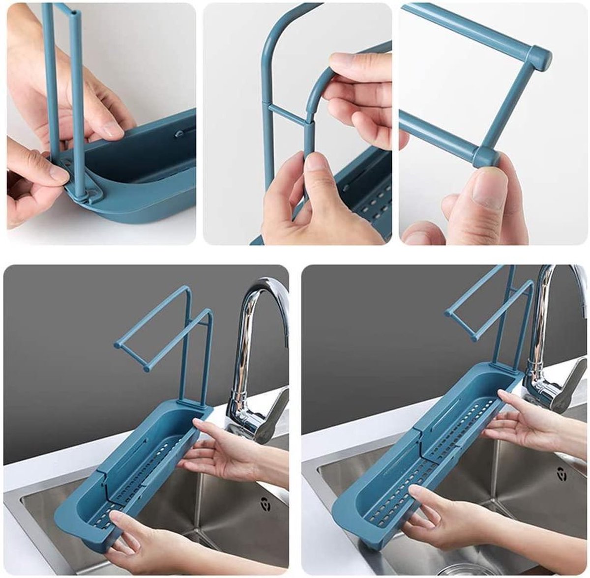 Afbeelding van Wasbak Rek - Vaatdoekhouder Gootsteen Organizer - Blauw - Uitschuifbaar 36 tot 50 cm - Kunststof - Afwas