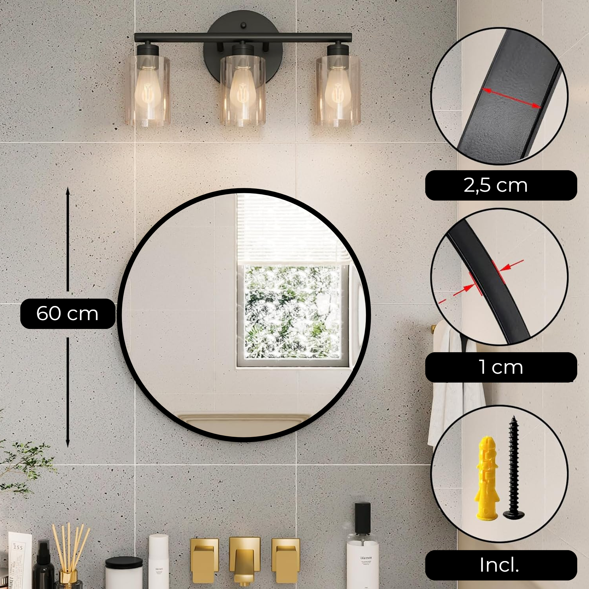 Afbeelding van HSXL - Spiegels - Luxe Ronde Spiegel Zwart - 60 cm Groot - Grote Wandspiegel 60cm Rond met Zwarte Rand -