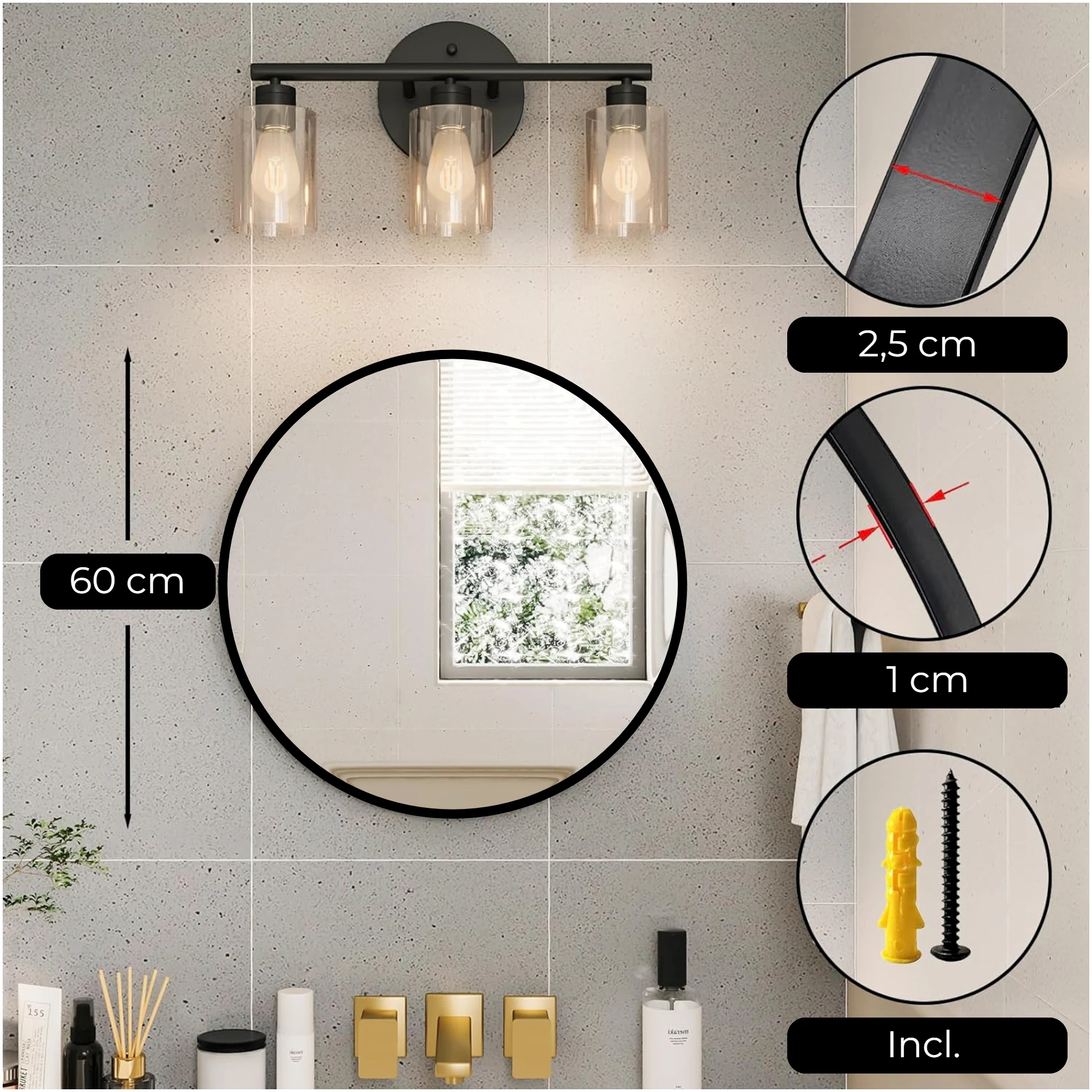 Afbeelding van HSXL - Spiegels - Luxe Ronde Spiegel Zwart - 60 cm Groot - Grote Wandspiegel 60cm Rond met Zwarte Rand -