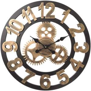 Afbeelding van HSXL - 60cm Grote Stille Wandklok Landelijk en Industrieel uit Zwart met Goud Hout - Groot - 60 cm - Houten