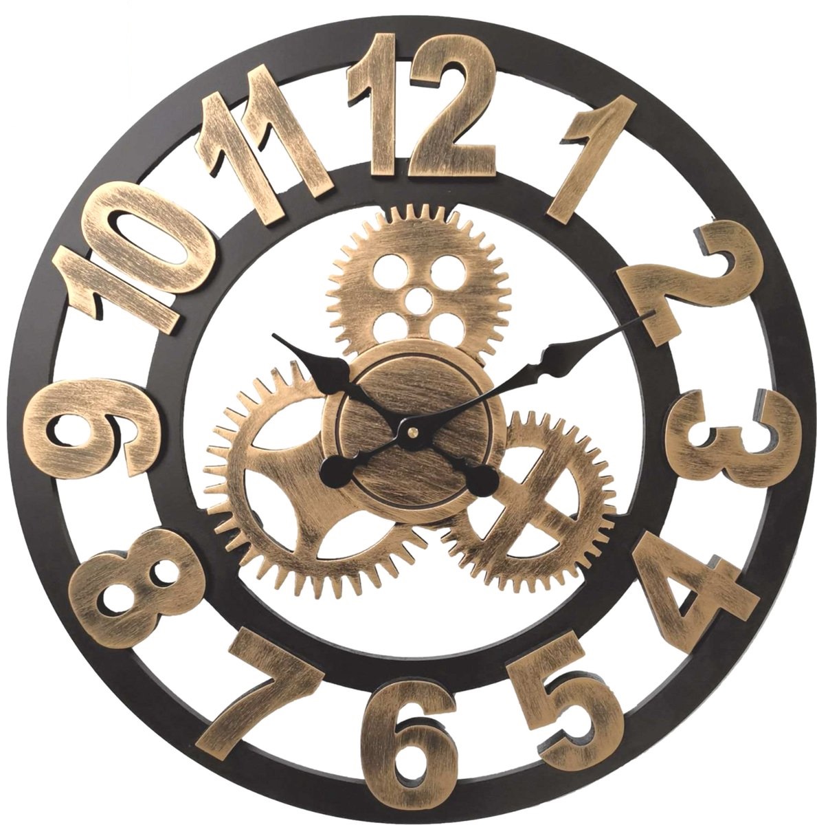 Afbeelding van HSXL - 60cm Grote Stille Wandklok Landelijk en Industrieel uit Zwart met Goud Hout - Groot - 60 cm - Houten