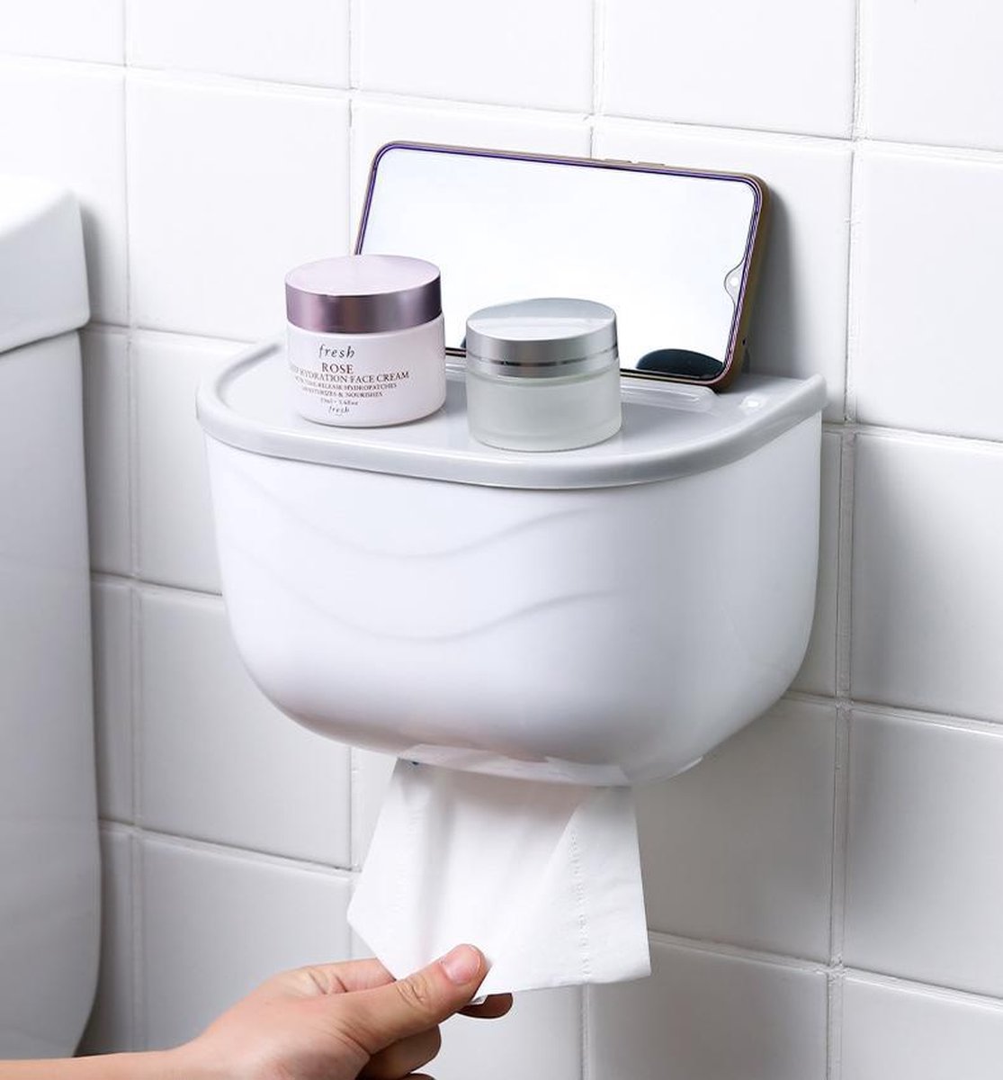 Afbeelding van Bewello® - WC Rolhouder - Toiletrolhouder - Zelfklevend WC Kastje - Wit met Grijs - 210 x 135 x 135 mm -