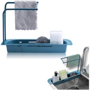 Afbeelding van Wasbak Rek - Vaatdoekhouder Gootsteen Organizer - Blauw - Uitschuifbaar 36 tot 50 cm - Kunststof - Afwas