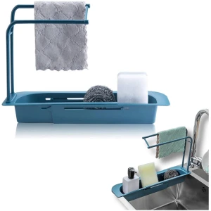 Afbeelding van Wasbak Rek - Vaatdoekhouder Gootsteen Organizer - Blauw - Uitschuifbaar 36 tot 50 cm - Kunststof - Afwas