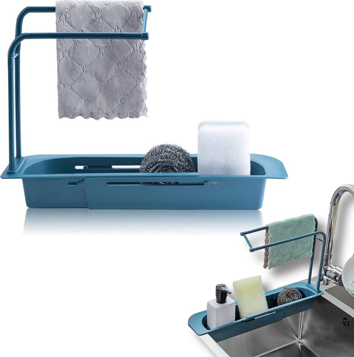Afbeelding van Wasbak Rek - Vaatdoekhouder Gootsteen Organizer - Blauw - Uitschuifbaar 36 tot 50 cm - Kunststof - Afwas