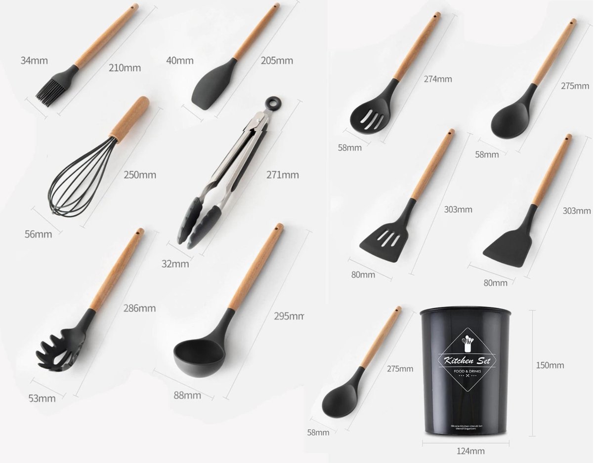 Afbeelding van Keukengerei Set met Houder 12 delig - Hittebestendig / BPA Vrij / Siliconen - Keuken Gerei - 8b27 47e4 4850