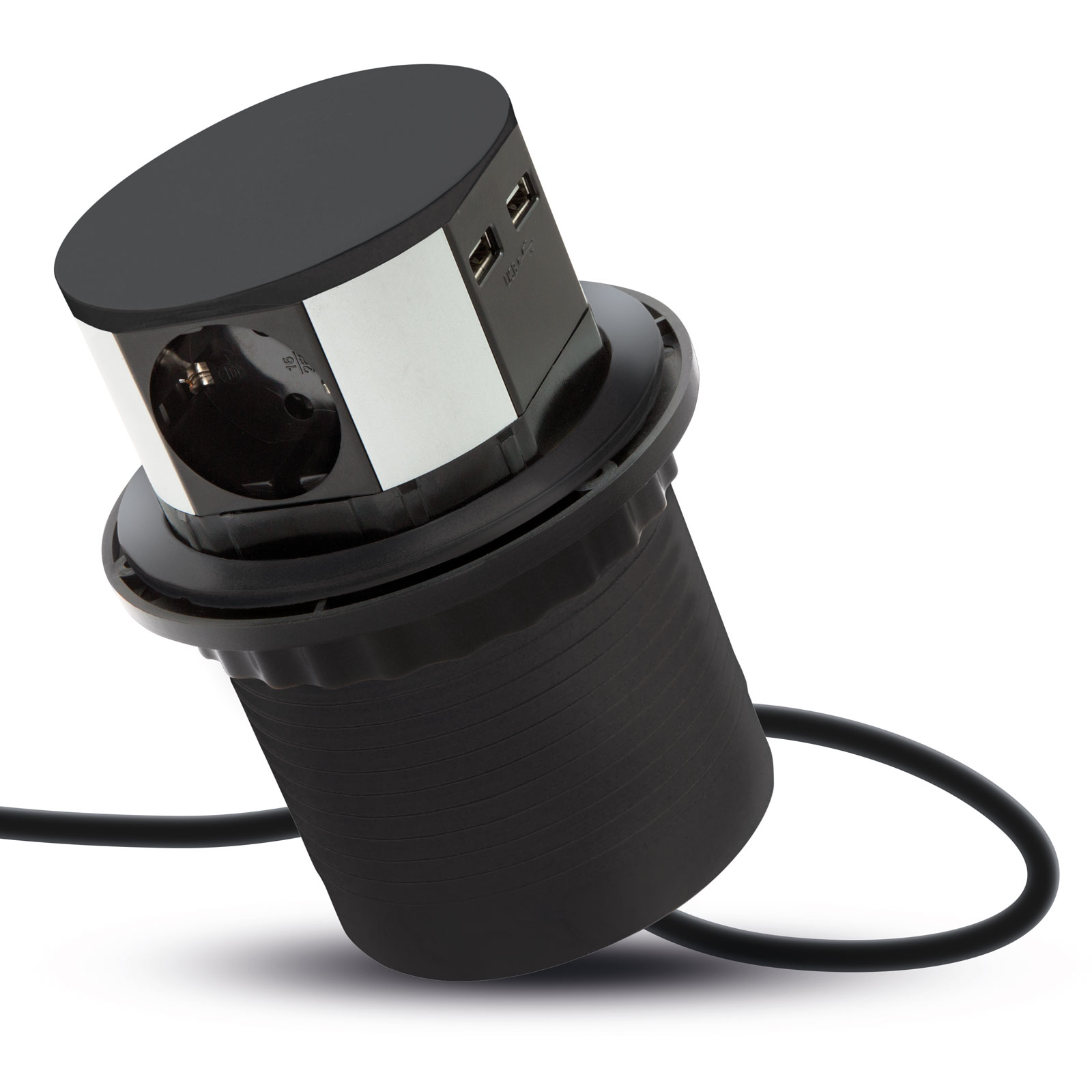 Afbeelding van DELIGHT - Inbouw Pop-Up Tafelblad Stekkerdoos met 2x USB en 3 Stopcontacten - Zwart - Lage inbouwdiepte -