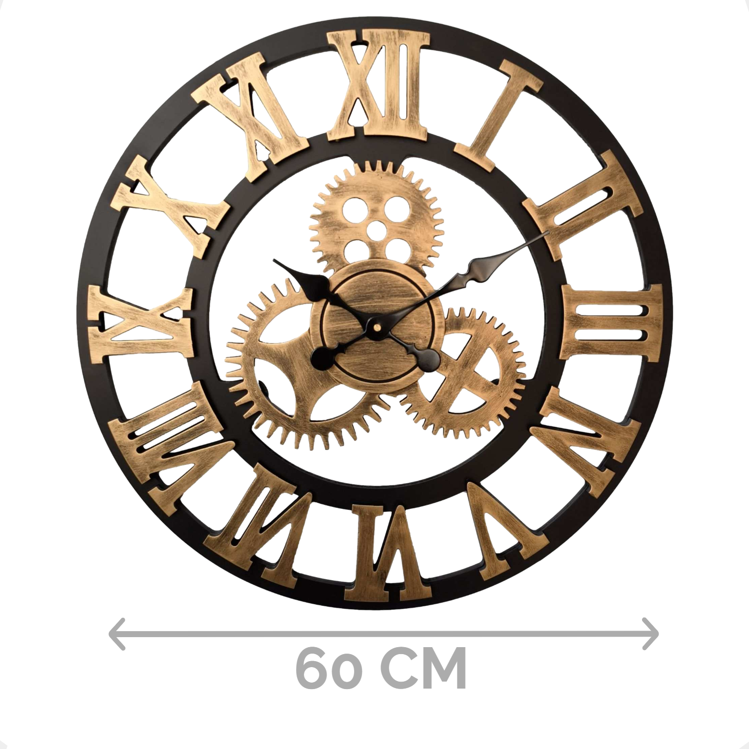 Afbeelding van HSXL - 60cm Grote Stille Wandklok Landelijk en Industrieel uit Zwart met Goud Hout - Groot - 60 cm - Houten