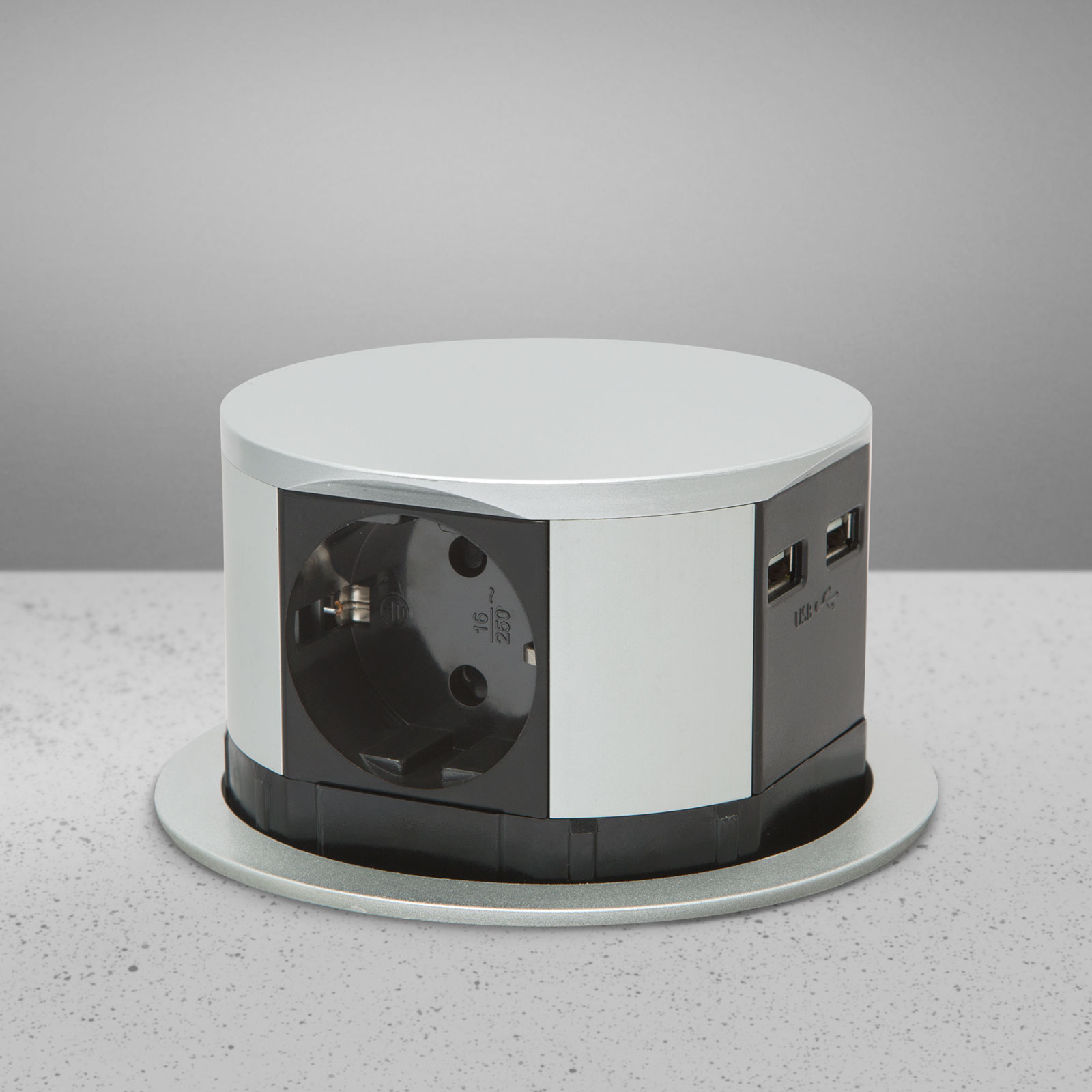 Afbeelding van DELIGHT - Inbouw Pop-Up Tafelblad Stekkerdoos met 2x USB en 3 Stopcontacten - Zilver - Lage inbouwdiepte -