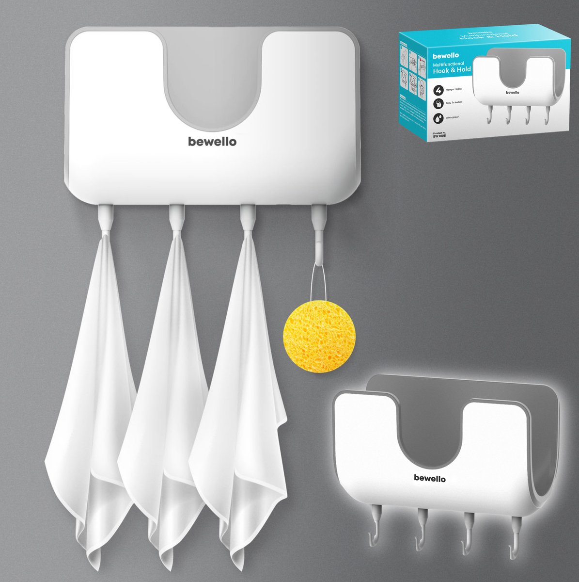 Afbeelding van Bewello® - Handdoekrek Badkamer Zelfklevend met 4 haken - Design Ophangsysteem voor Douche of Keuken -