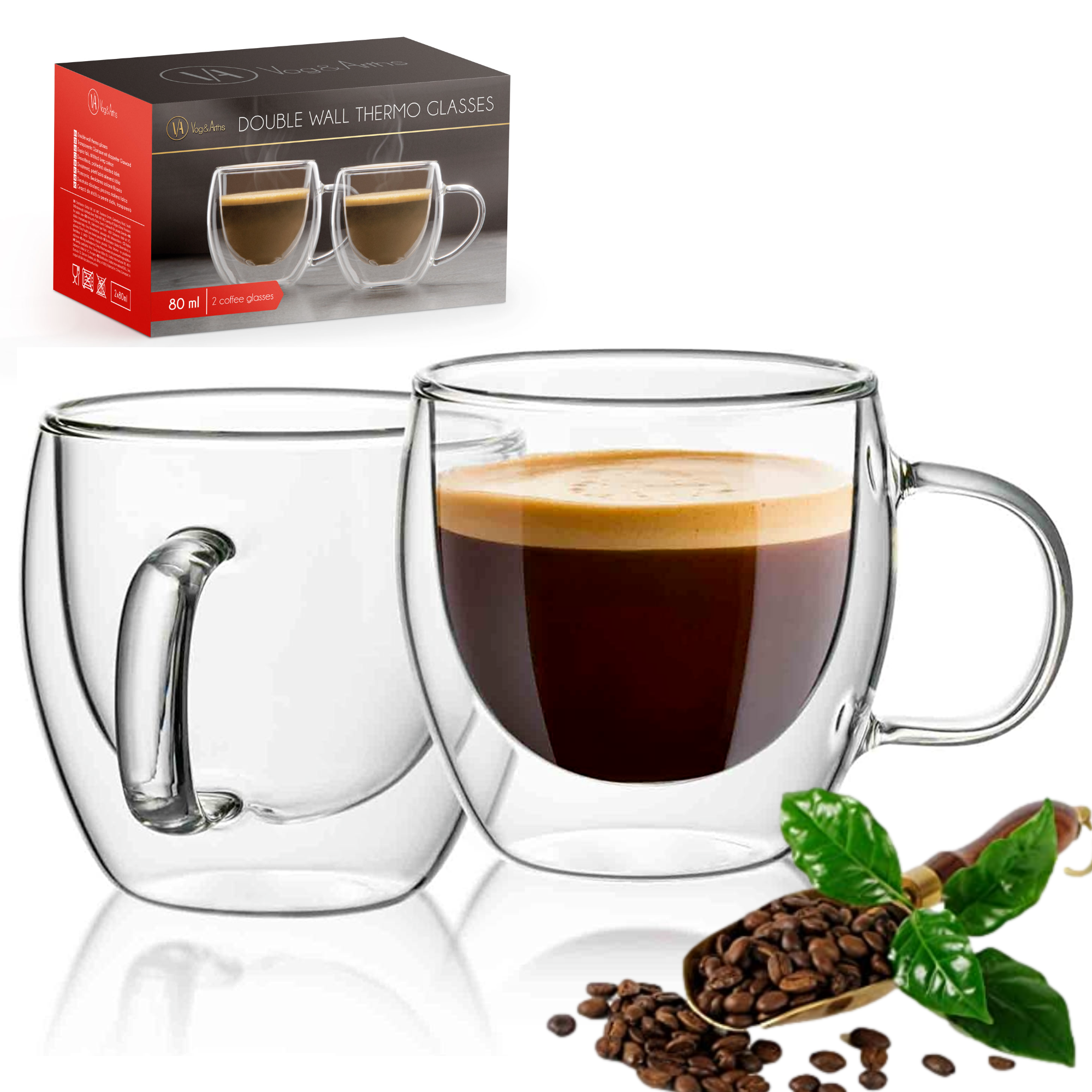 Afbeelding van Vog&Arths Dubbelwandige Espresso Kopjes - 2x 80ML - Glazen voor Espresso met Oor - 9660 a49e 4e31 91f3
