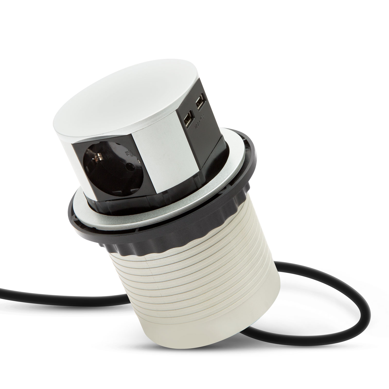 Afbeelding van DELIGHT - Inbouw Pop-Up Tafelblad Stekkerdoos met 2x USB en 3 Stopcontacten - Zilver - Lage inbouwdiepte -