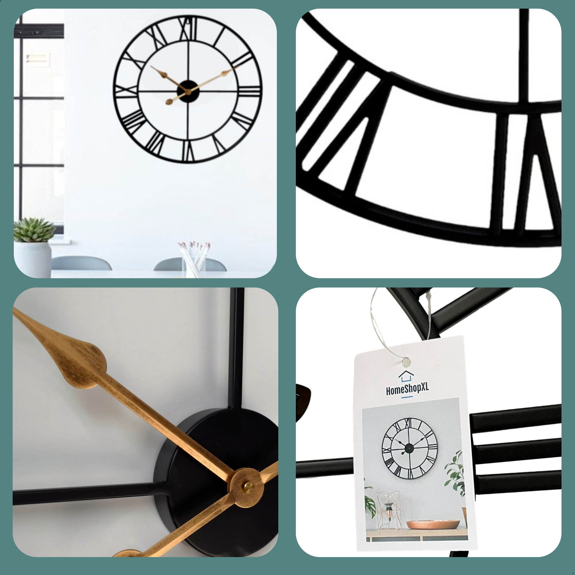 Afbeelding van HSXL - 60cm Grote Stille Wandklok Landelijk en Industrieel uit Zwart en Goud Metaal - Groot - 60 cm - Metalen