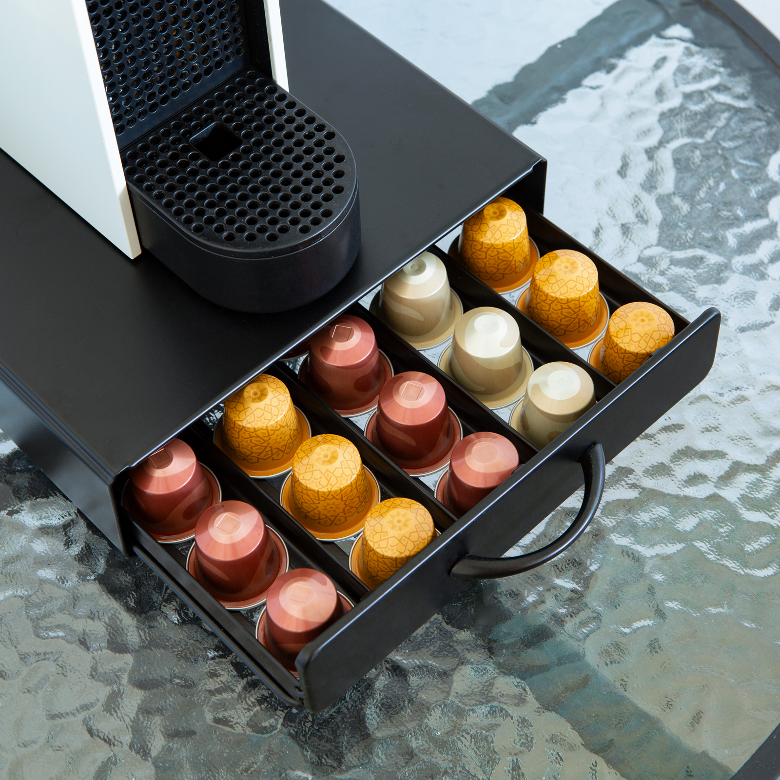 Afbeelding van Capsulehouder met Lade Nespresso - Cups Houder voor 50 Koffie Capsules - Capsulehouders - RVS - Zwart - 365 x