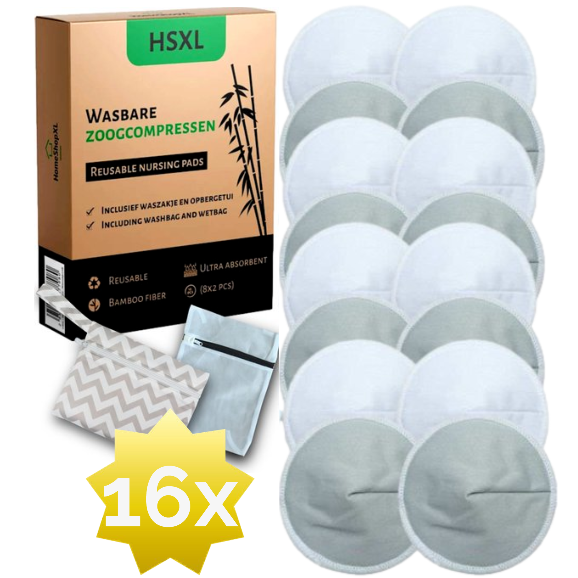 Afbeelding van Wasbare Zoogcompressen - 16 Stuks - Complete Set incl. Etui & Waszak – Herbruikbaar, Milieuvriendelijk