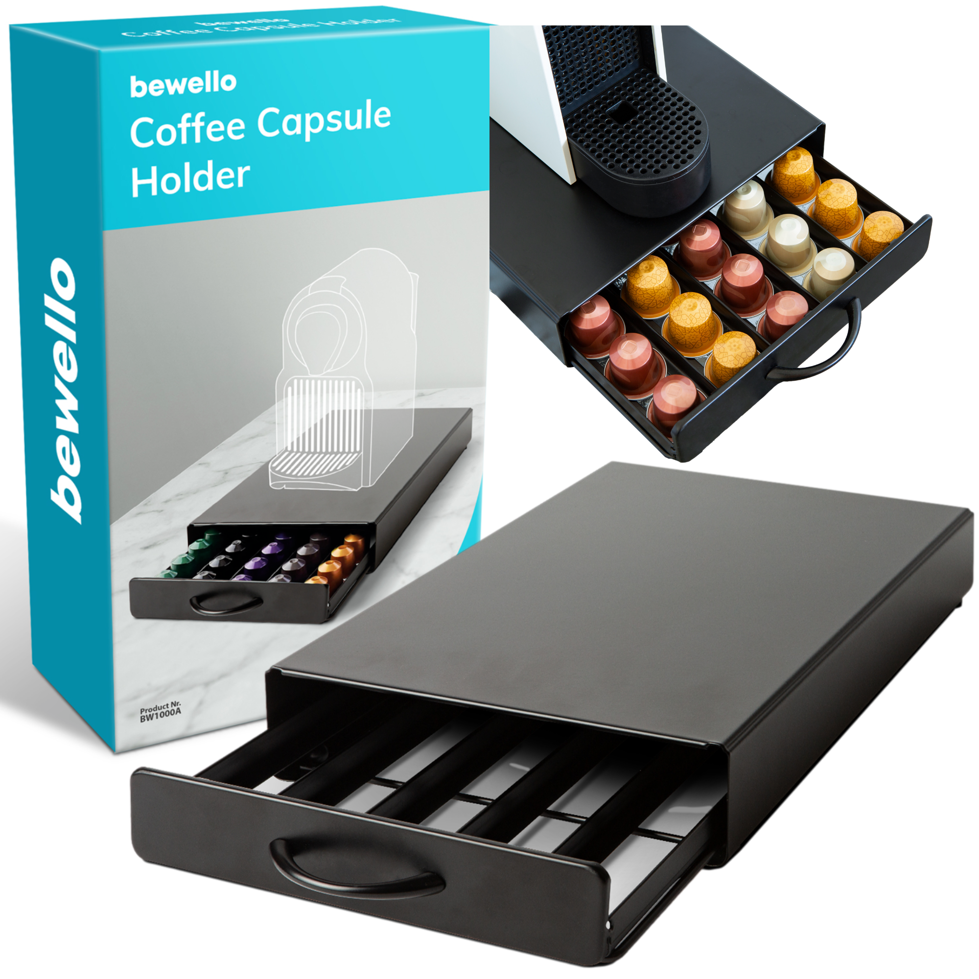 Afbeelding van Capsulehouder met Lade Nespresso - Cups Houder voor 50 Koffie Capsules - Capsulehouders - RVS - Zwart - 365 x