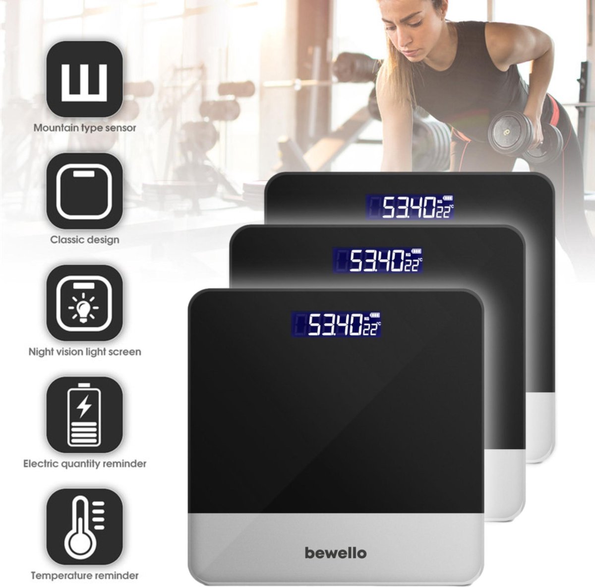 Afbeelding van Bewello - Weegschalen - Weegschaal Personenweegschaal Digitaal - Gehard Glas - Zwart met Zilver - max. 180KG