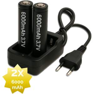 Afbeelding van 2x 6000mAh 18650 3,7V Li-Ion - 18 x 65 mm Cilindrisch - Oplaadbare CR18650 Batterijen met Netstroom Oplader -