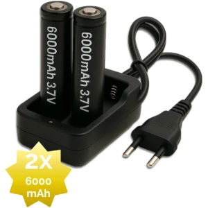 Afbeelding van 2x 6000mAh 18650 3,7V Li-Ion - 18 x 65 mm Cilindrisch - Oplaadbare CR18650 Batterijen met Netstroom Oplader -