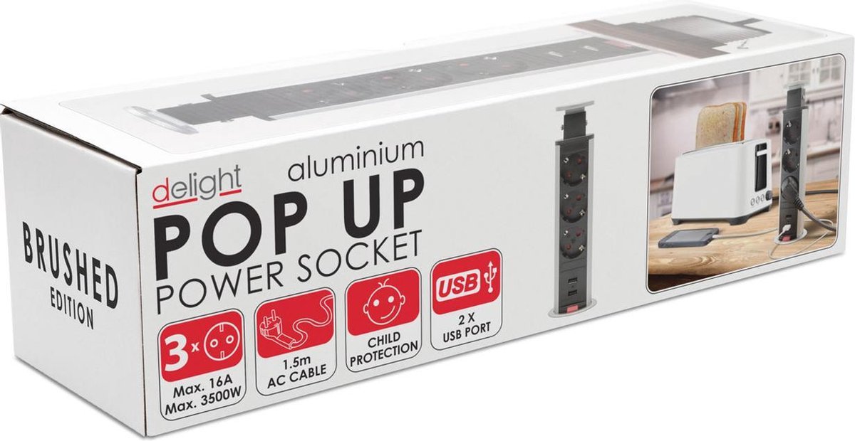 Afbeelding van DELIGHT - Inbouw Pop-Up Tafelblad Stekkerdoos met 2X USB en 3 Stopcontacten - Zilver - a97d 3007 4d40 aed8