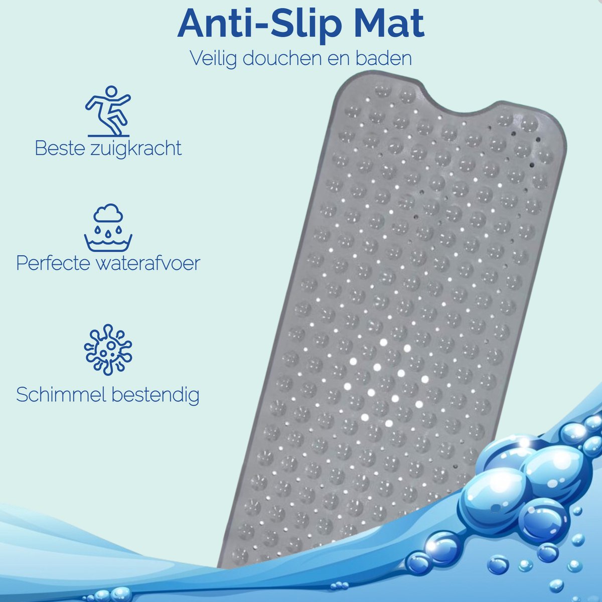 Afbeelding van HSXL - Antislipmat - 100x40CM - Incl. Netspons - Antislip Douchemat / Badmat Grijs met Zuignappen – Mat