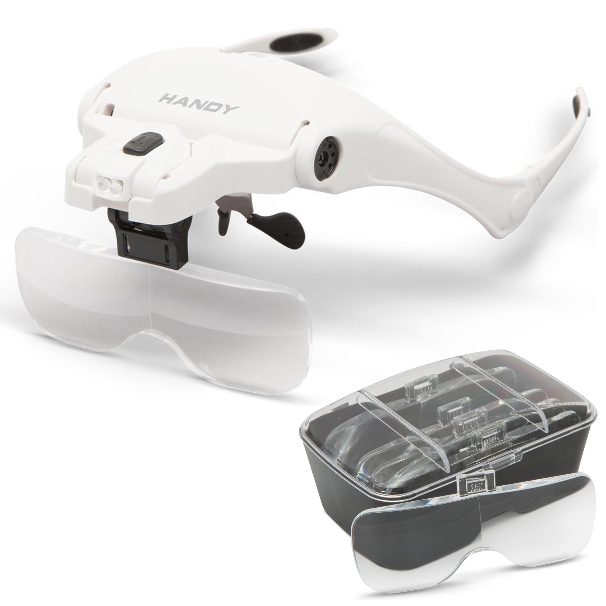 Afbeelding van Handy - Vergrootglas Bril - Loepbril met LED verlichting - met 5 lenzen - met Elastische band én Brilframe -