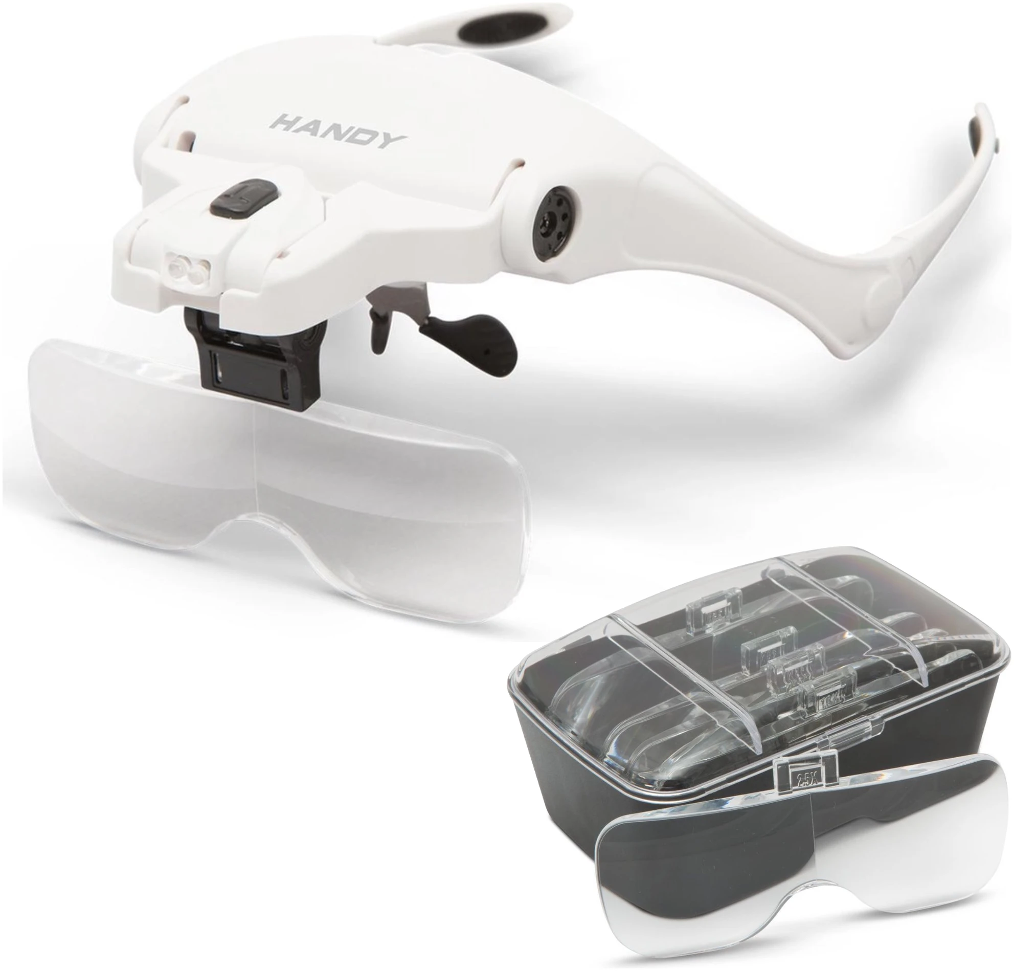 Afbeelding van Handy - Vergrootglas Bril - Loepbril met LED verlichting - met 5 lenzen - met Elastische band én Brilframe -