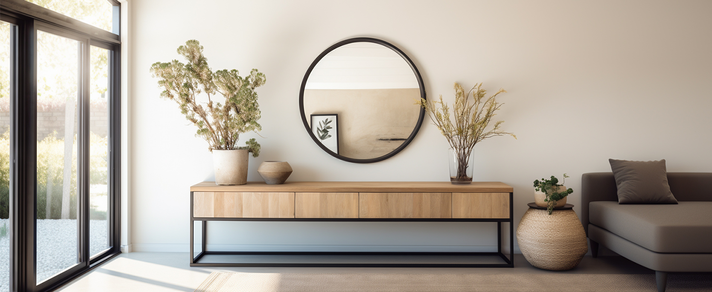 Afbeelding van HSXL - Spiegels - Luxe Ronde Spiegel Zwart - 60 cm Groot - Grote Wandspiegel 60cm Rond met Zwarte Rand -