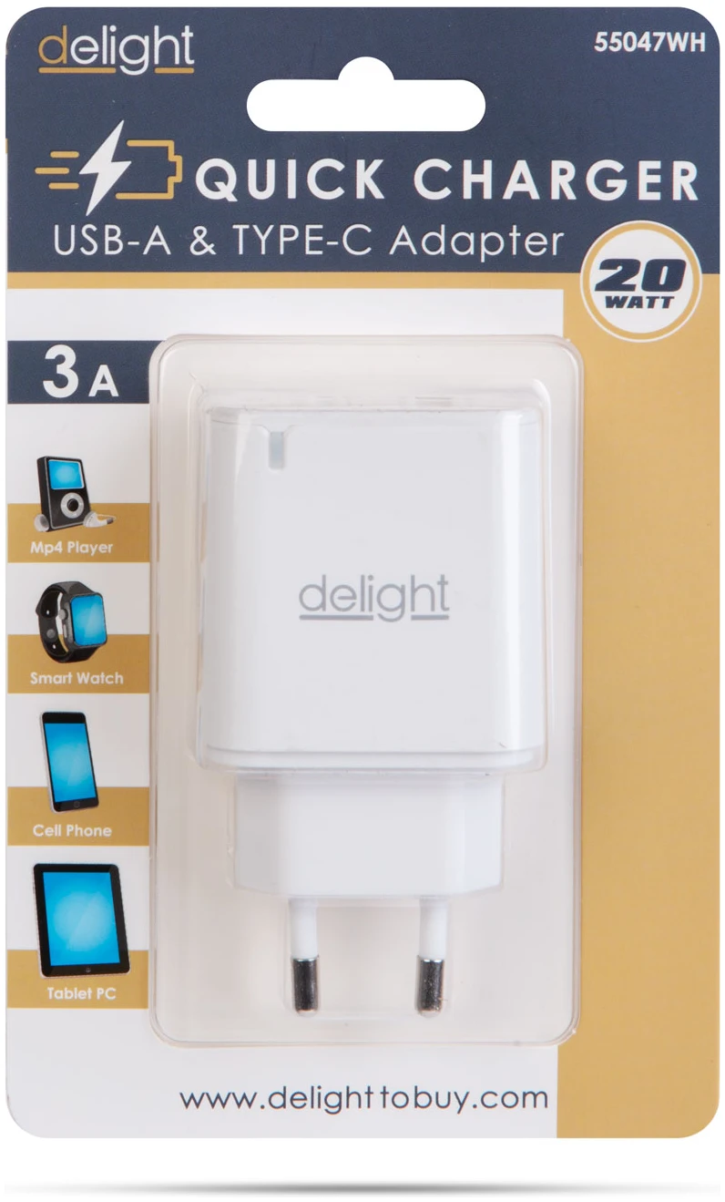 Afbeelding van Dubbele USB Stekker Oplader met 2 poorten PD20W - Wit - Snellader - USB A & USB C Lader - Oplaadblok -