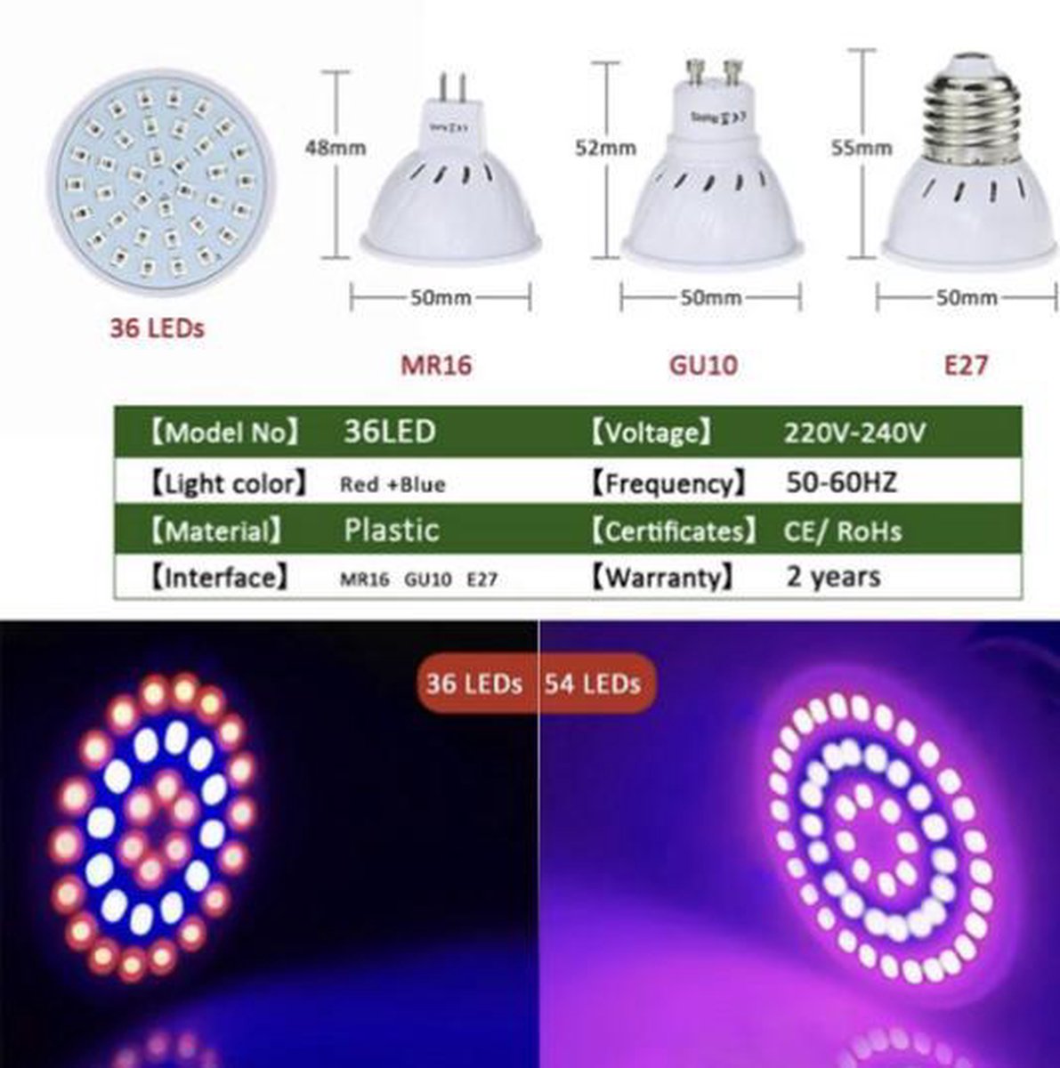 Afbeelding van LED Groei Lamp E27 met 54 leds - KWEEK LED Lamp - Voor Groei en Bloei - Groeilamp Set van 3 Stuks - b8ff 7298