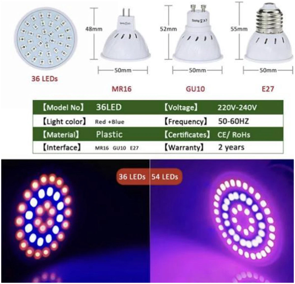 Afbeelding van LED Groei Lamp E27 met 54 leds - KWEEK LED Lamp - Voor Groei en Bloei - Groeilamp Set van 3 Stuks - b8ff 7298