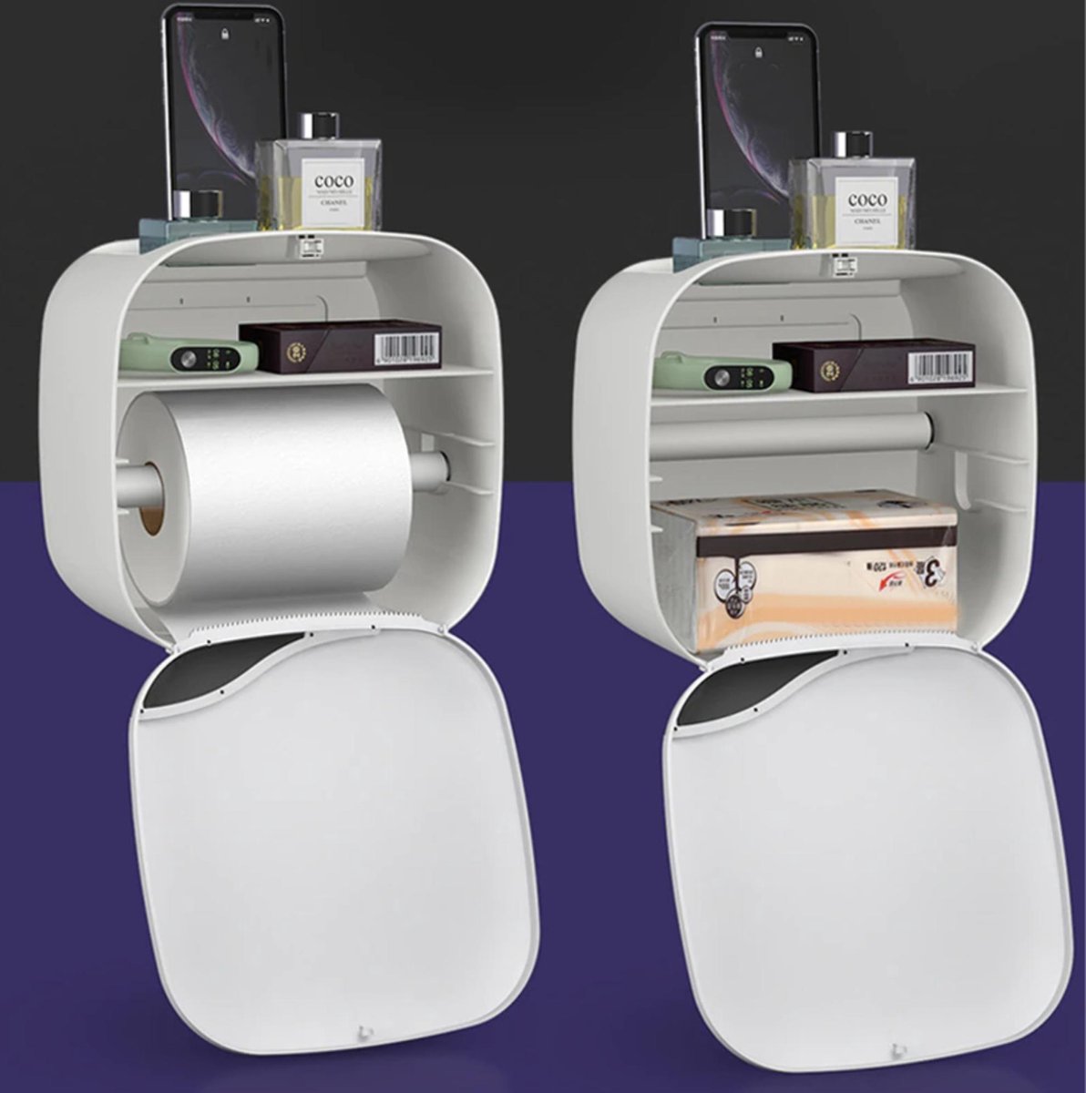 Afbeelding van Bewello® - WC Rolhouder - Toiletrolhouder - Zelfklevend WC Kastje - Wit met Grijs - 200 x 130 x 205 mm -