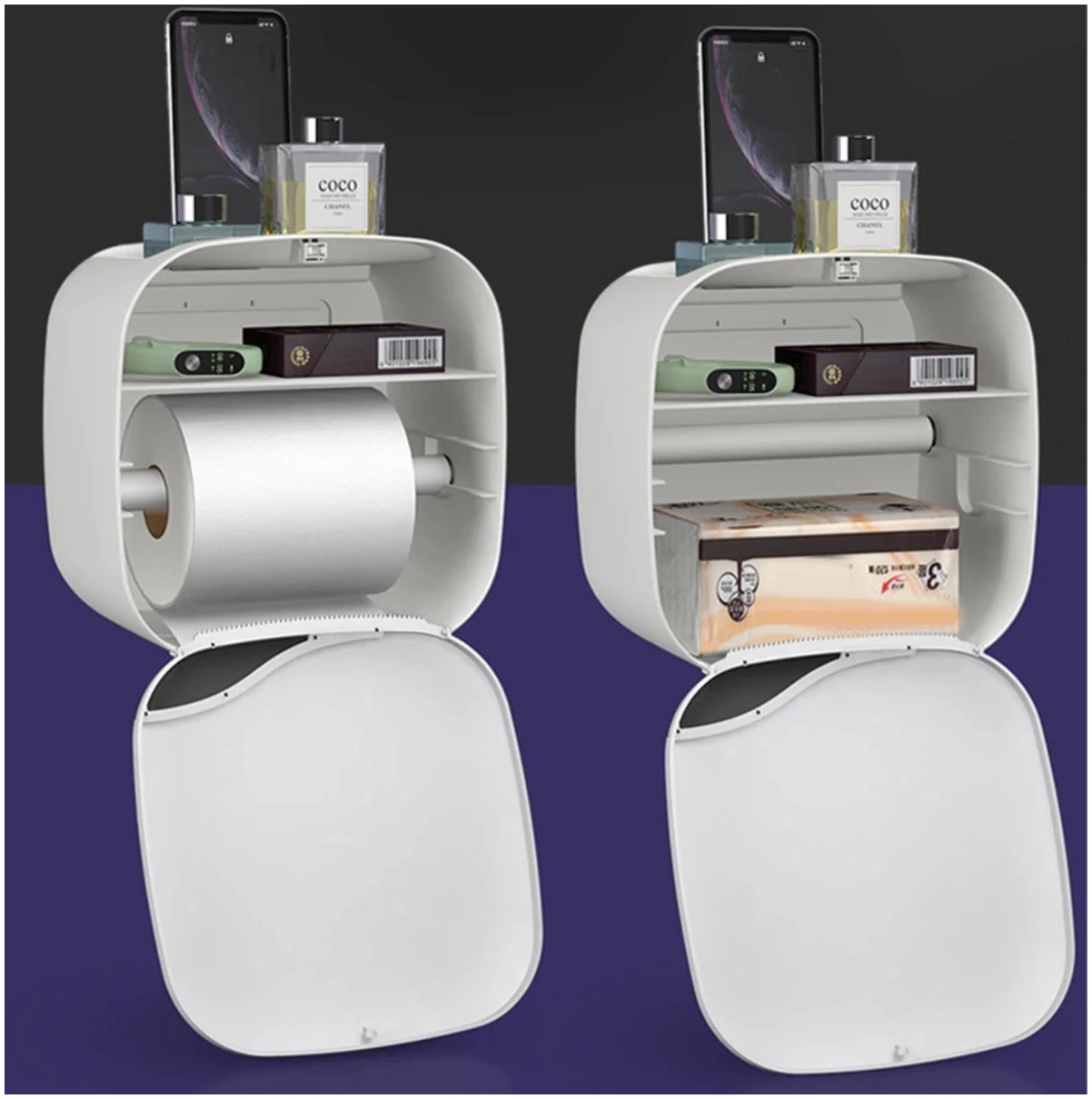 Afbeelding van Bewello® - WC Rolhouder - Toiletrolhouder - Zelfklevend WC Kastje - Wit met Grijs - 200 x 130 x 205 mm -