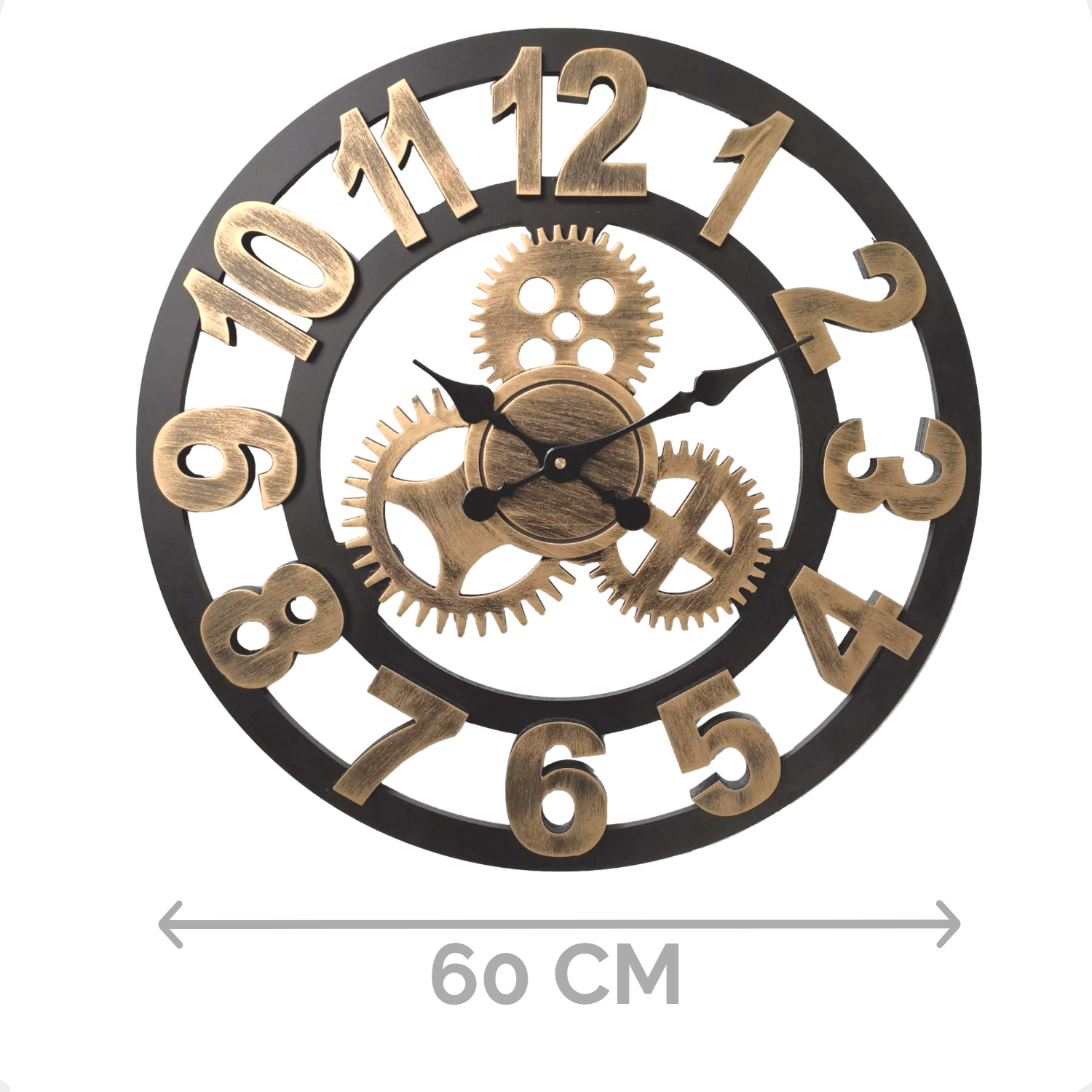 Afbeelding van HSXL - 60cm Grote Stille Wandklok Landelijk en Industrieel uit Zwart met Goud Hout - Groot - 60 cm - Houten