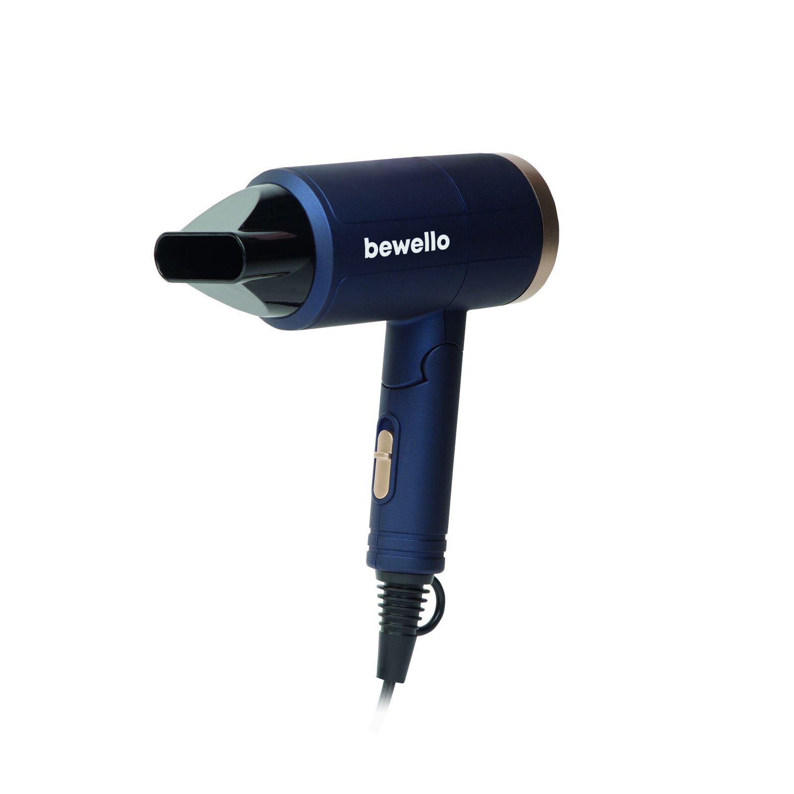 Afbeelding van Bewello - Compacte Föhn - Reis Haardroger - Blauw/Goud - Draaibare mond - Lichtgewicht - 2 Droogstanden -