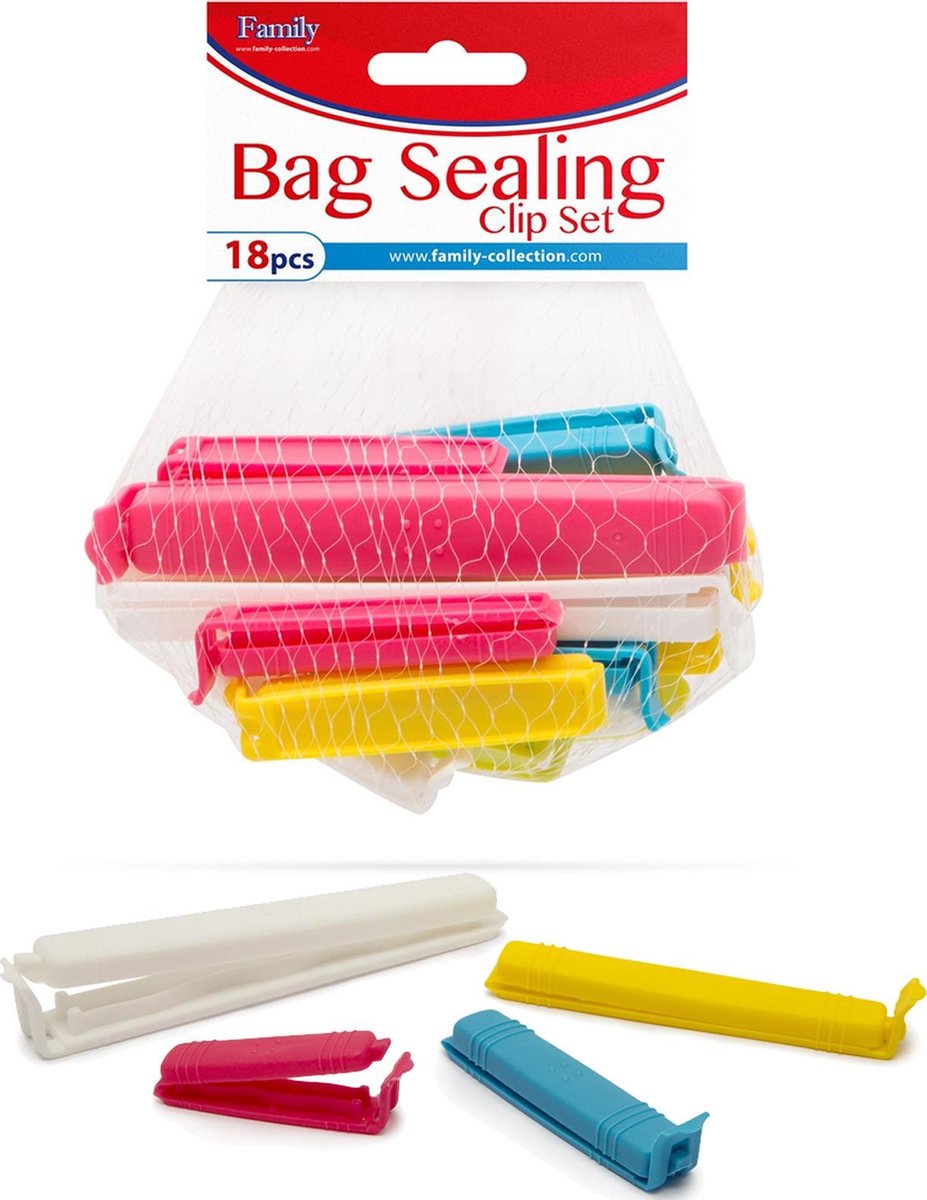 Afbeelding van Family Pound - Zaksluiters / Vershoudclips - Sluitclips voor zakken - 3 kleuren - Set van 18 stuks - 3