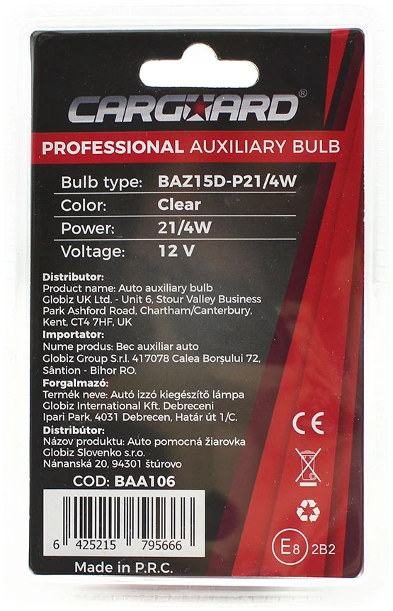 Afbeelding van Carguard - Set (2x) BAZ15D - P21/4W Autolampen Remlicht - Transparant - 12V 4W - Long Lifetime - Remlichten