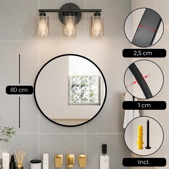 Afbeelding van HSXL - Spiegels - Ronde Spiegel Zwart - 80 cm Groot - Grote Wandspiegel Rond - Industrieel / Modern Design -