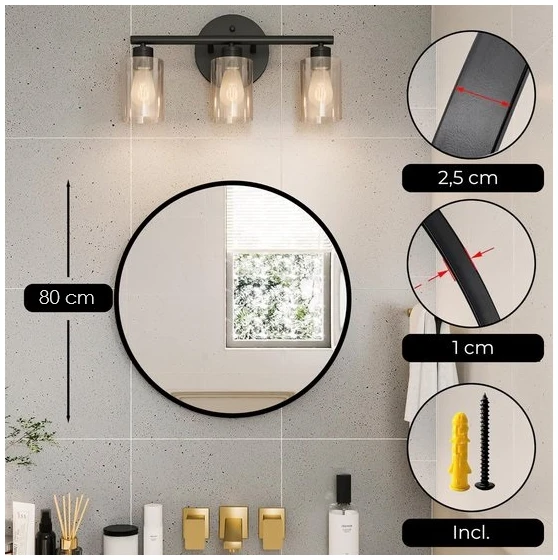 Afbeelding van HSXL - Spiegels - Ronde Spiegel Zwart - 80 cm Groot - Grote Wandspiegel Rond - Industrieel / Modern Design -