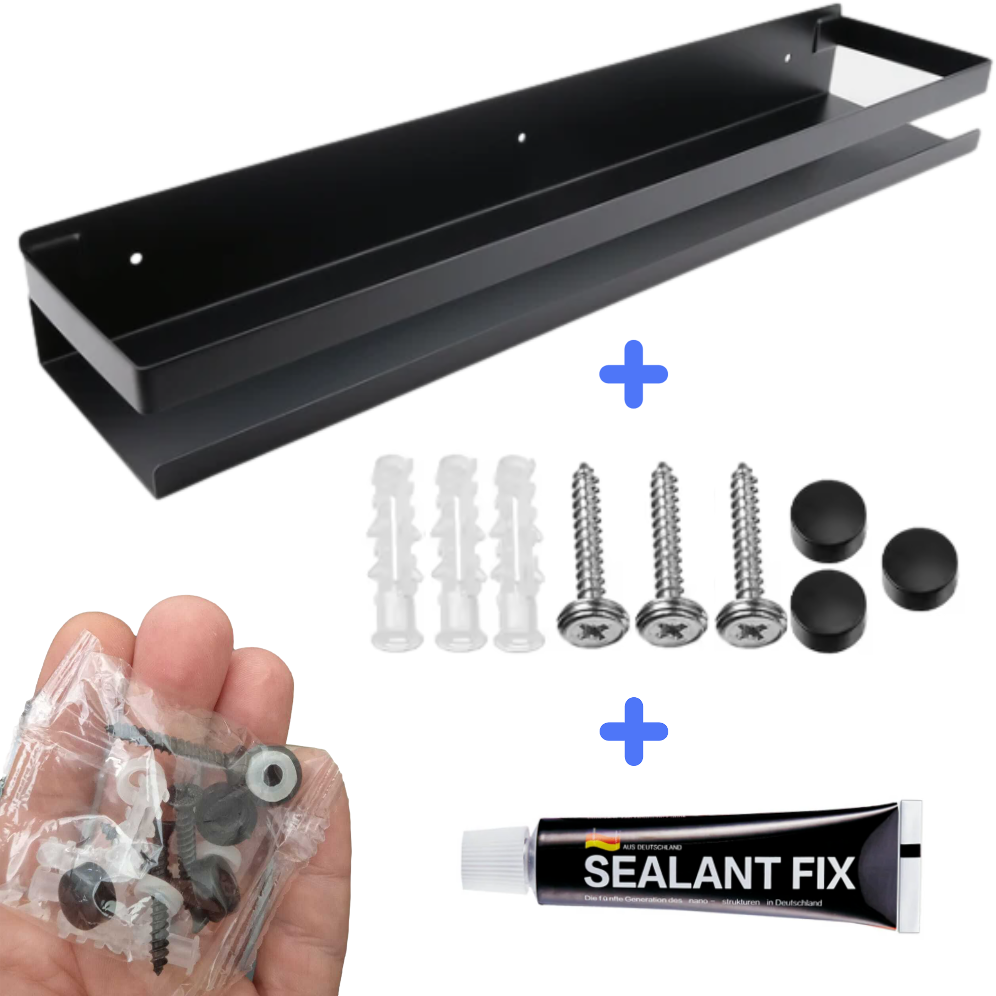 Afbeelding van Doucherek Zwart 50 CM - Badkamer Rekje Douche - Doucheplank - Douchemandje - Zonder Boren óf Met boren -