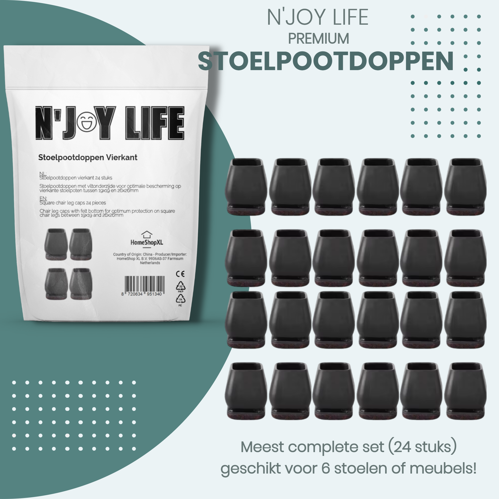 Afbeelding van N'JOY LIFE - 24x Premium Stoelpoot beschermers Flexibel - Stoelpootdoppen 19x19 tot 26x26 mm voor