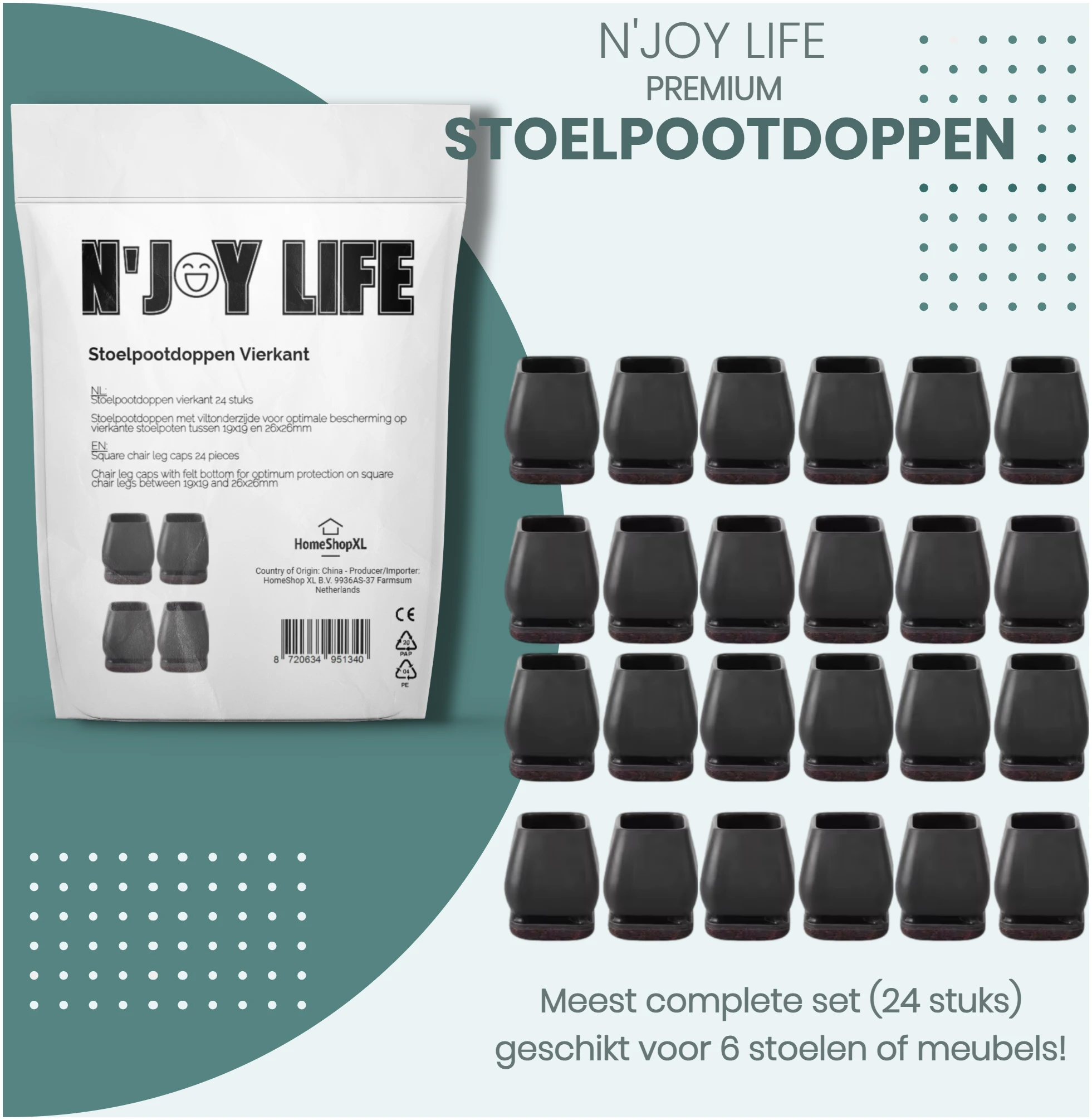 Afbeelding van N'JOY LIFE - 24x Premium Stoelpoot beschermers Flexibel - Stoelpootdoppen 19x19 tot 26x26 mm voor