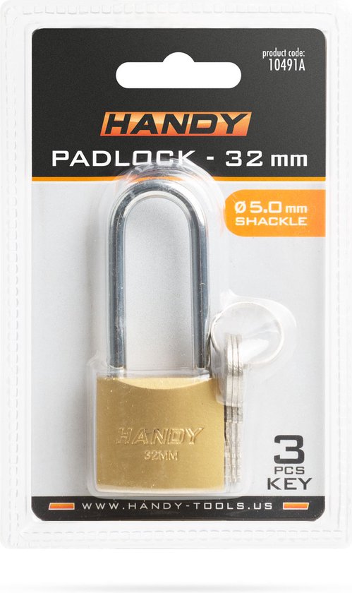 Afbeelding van Handy - Hangslot met Sleutel 32mm met Hoge beugel - Hangsloten - Gehard staal - Sluiting ⌀ 5MM - incl. 3