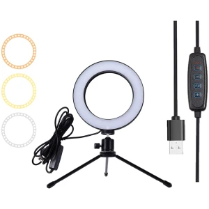 Afbeelding van Ringlamp met statief voor op Tafel of Bureau - 16cm - Zwart - 6,5W -3 kleuren licht - DImbaar - USB stekker