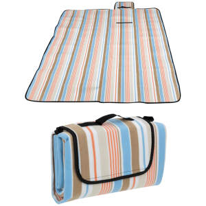 Afbeelding van Picknickkleed Waterdicht - 170 x x135 cm - Bruin / Blauw / Wit gestreept - Strandkleed met Handvat -