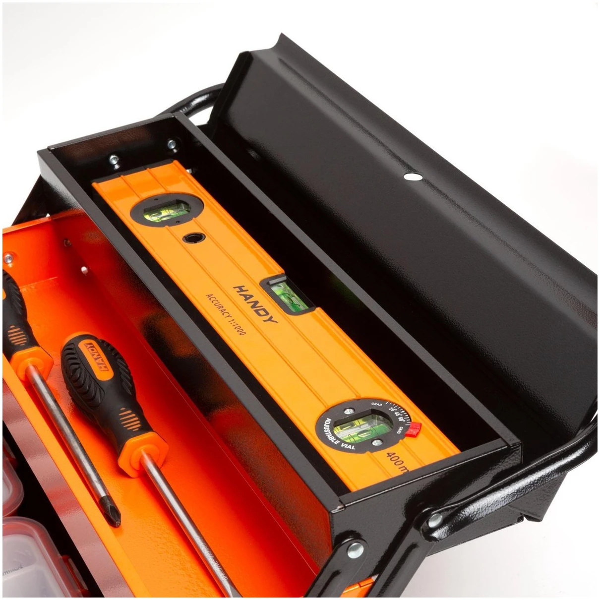 Afbeelding van Handy - Gereedschapskoffer Leeg / Gereedschapskist Metaal - Zwart/Oranje - 430 x 210 x 200 mm - Cadeau Mannen