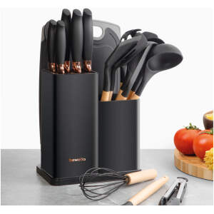 Afbeelding van Bewello - Zwart Keukengerei en Messenblok met Messenset - 19 delig - Matzwart / Rose Goud - Snijplank -