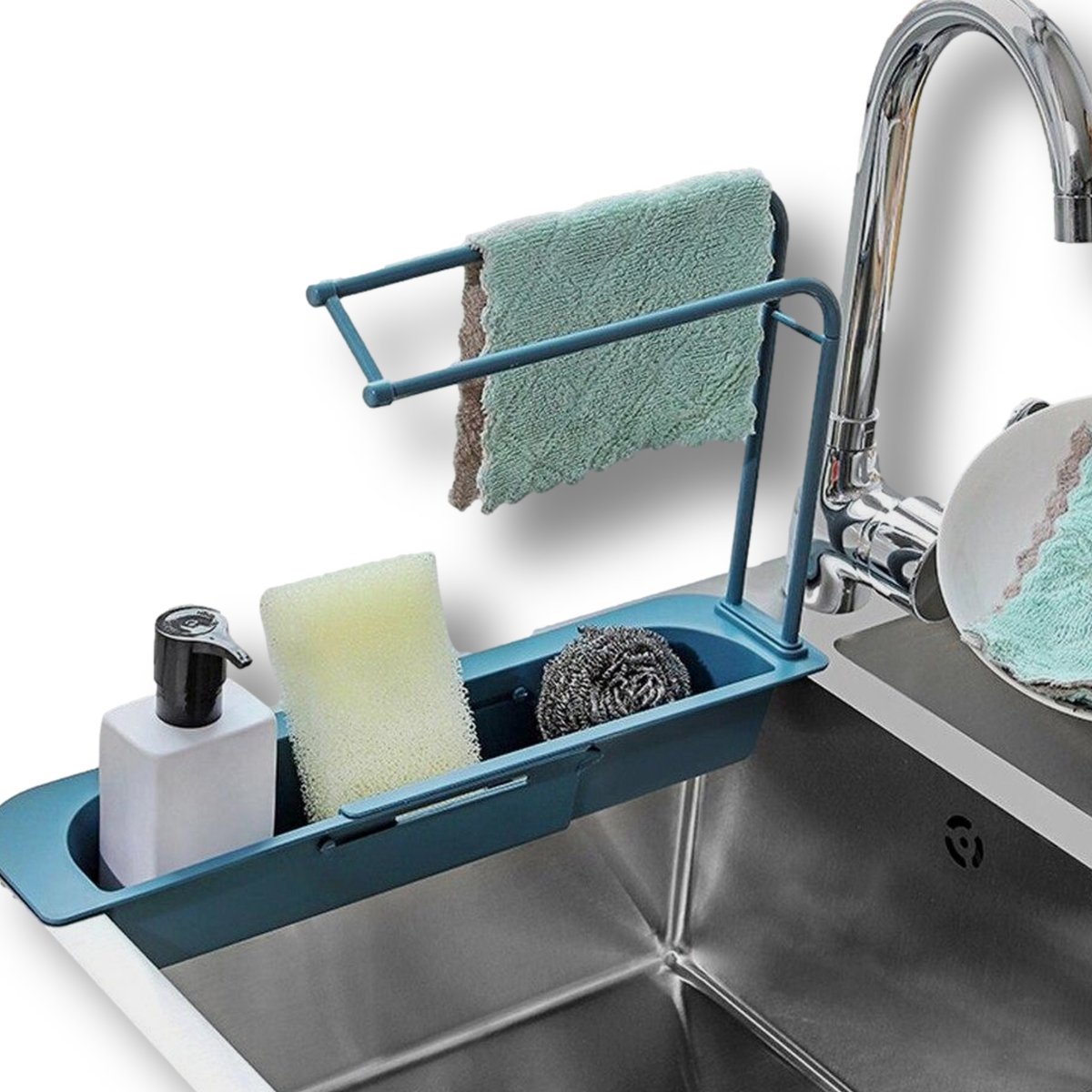 Afbeelding van Wasbak Rek - Vaatdoekhouder Gootsteen Organizer - Blauw - Uitschuifbaar 36 tot 50 cm - Kunststof - Afwas
