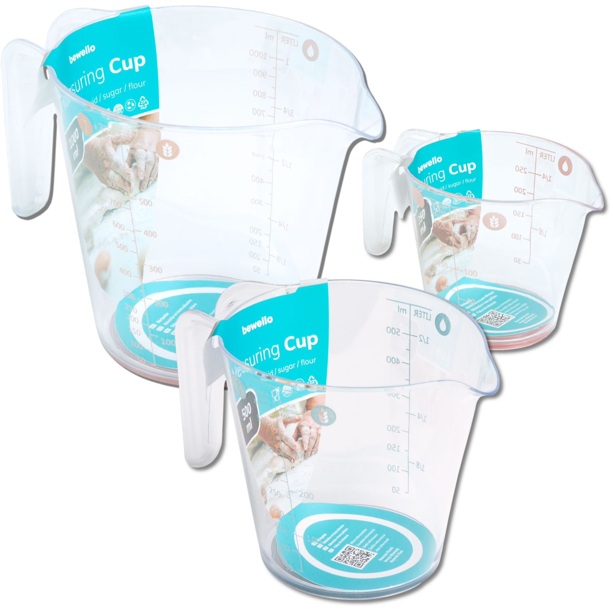 Afbeelding van Bewello Maatbeker Set met Schenktuit - 1 Liter / 500 ml / 250 ml - met Anti-Slip Ring op de bodem - 3 Stuks