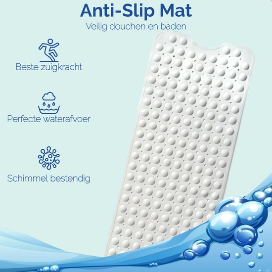 Afbeelding van HSXL - Antislipmat - 100x40CM - Incl. Netspons - Antislip Douchemat / Badmat Wit met Zuignappen – Mat voor